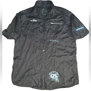 Urban Behavior Black Button-Up Shirt - Size L. Y2k Streetwear Club Back Graphic